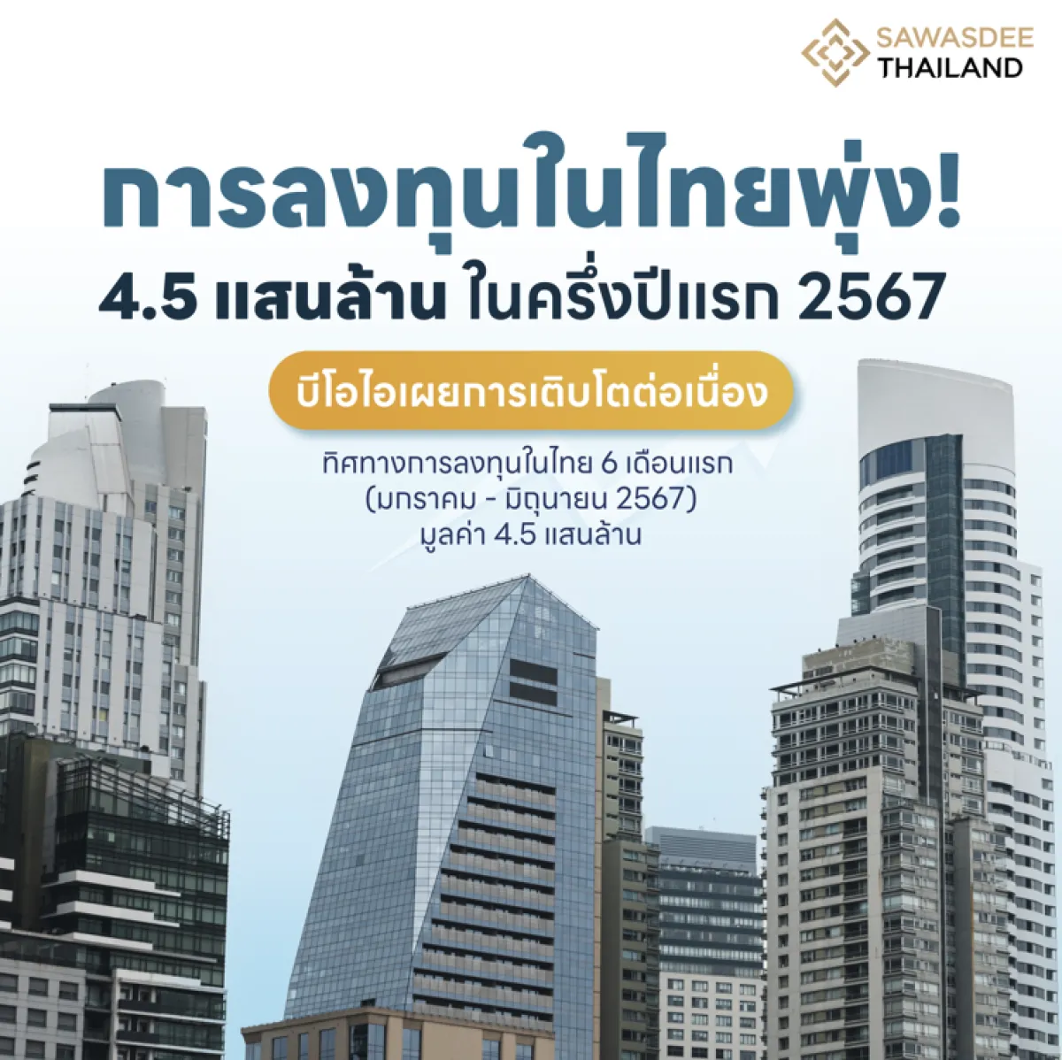 การลงทุนในไทยพุ่ง 4.5 แสนล้านในครึ่งปีแรก 2567 บีโอไอเผยการเติบโตต่อเนื่อง