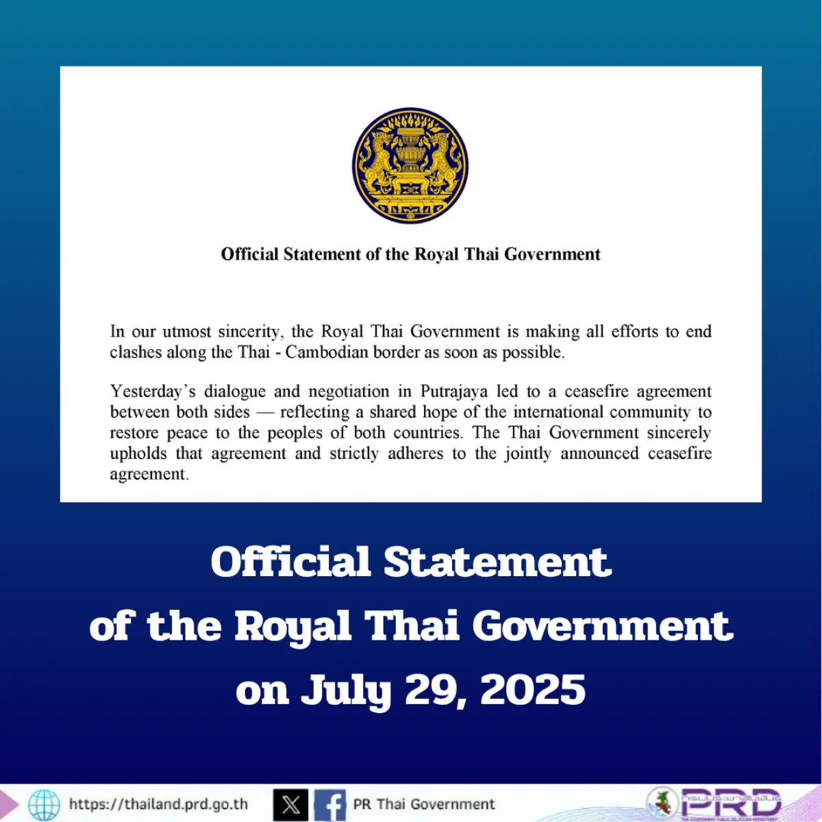 Official Statement of the Royal Thai Government on July 29, 2025