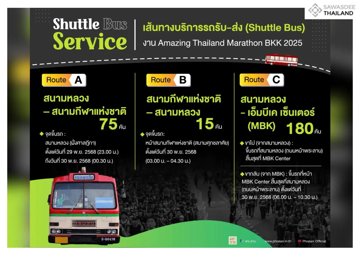 ข้อมูลเส้นทางเดินรถงาน Amazing Thailand Marathon BKK 2025 ให้บริการรถรับ-ส่ง (Shuttle Bus) นักวิ่งและผู้เข้าร่วมงาน Amazing Thailand Marathon BKK 2025