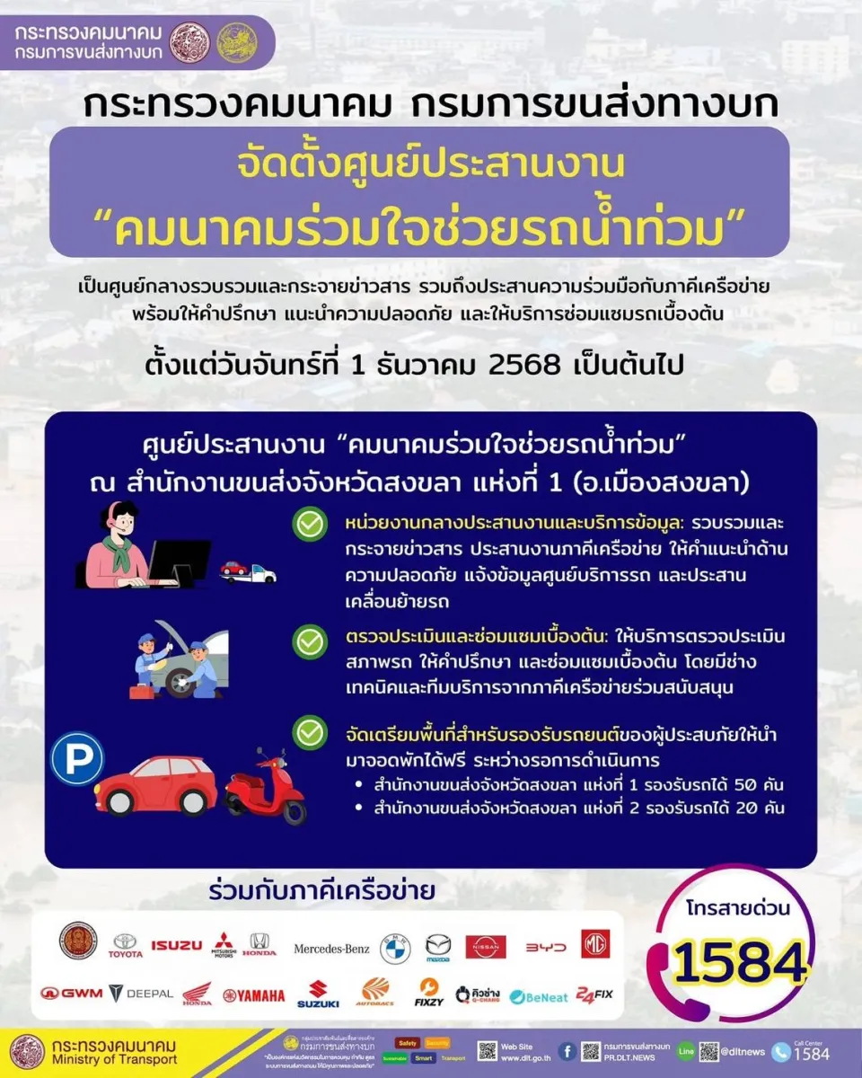 “พิพัฒน์ - มัลลิกา” มอบกรมการขนส่งทางบก เร่งฟื้นฟูหลังน้ำท่วมภาคใต้ ตั้งศูนย์ประสานงาน “คมนาคมร่วมใจช่วยรถน้ำท่วม” ณ สำนักงานขนส่งจังหวัดสงขลา แห่งที่ 1 ตั้งแต่วันที่ 1 ธันวาคม 2568 ผนึกกำลังภาคีเครือข่ายเอกชน ให้คำปรึกษาซ่อมรถเบื้องต้น